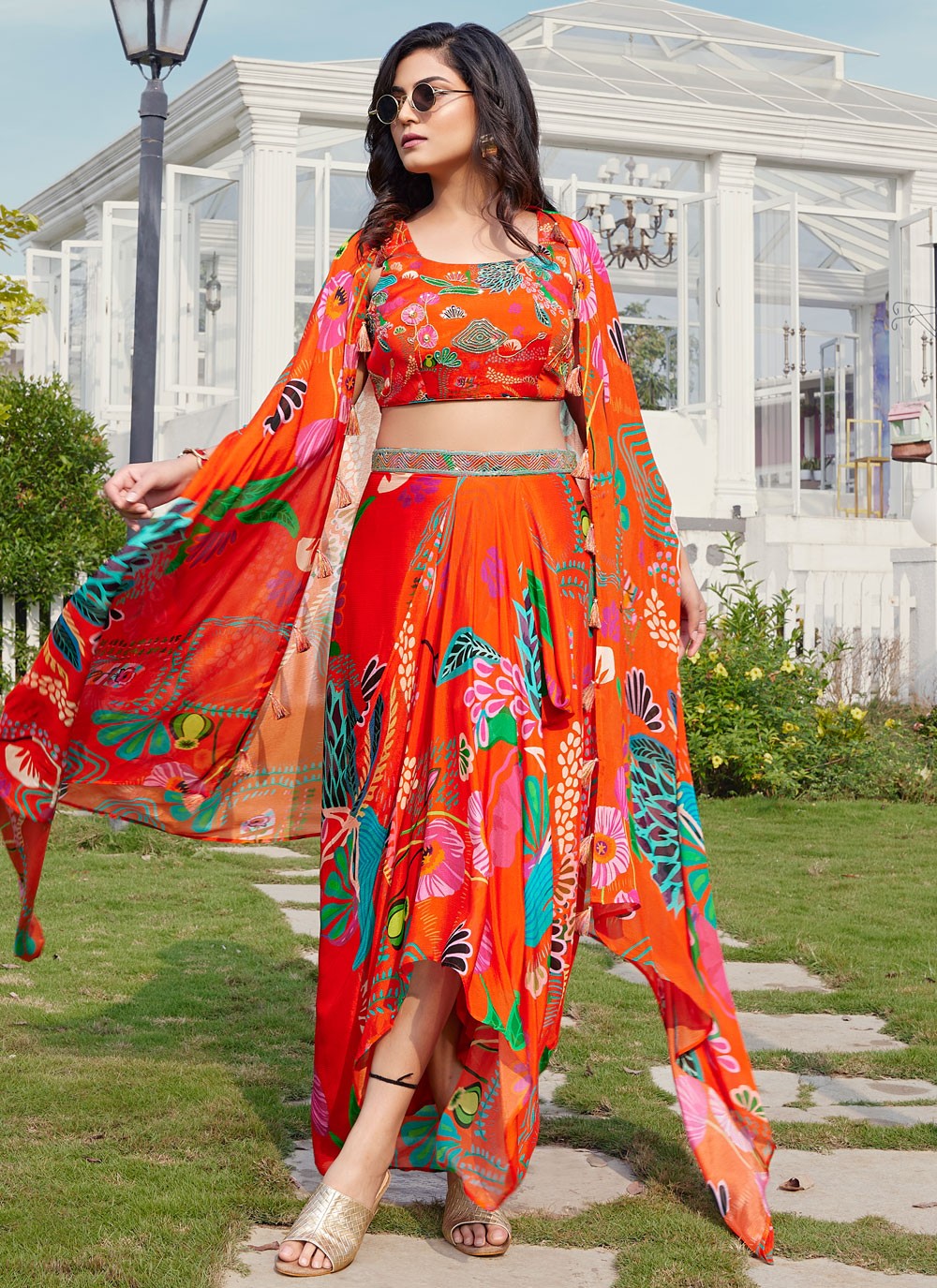 Foliage Prints Georgette Orange Lehenga - L3400