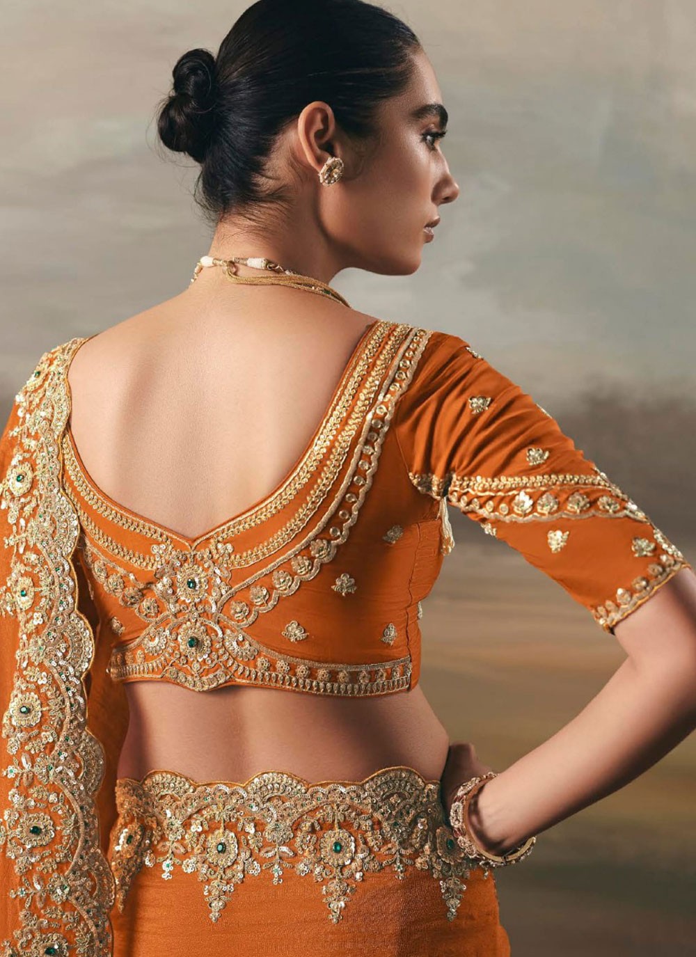 Orange Tissue Trendy Saree Embroidered, Resham, Thread S20410