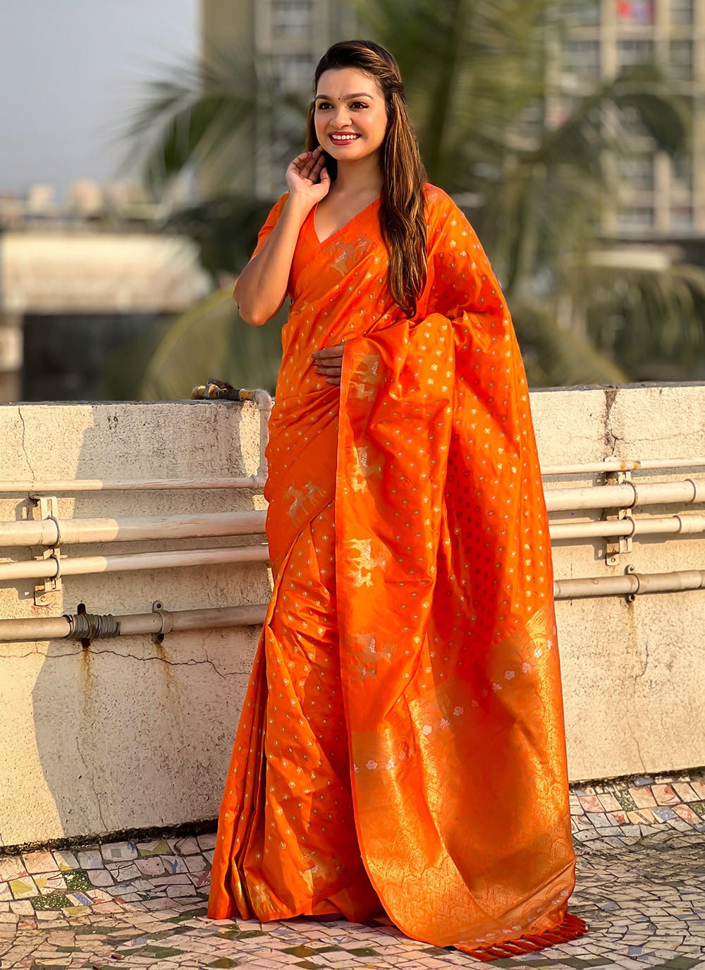 Contemporary Weaving Zari Orange Silk Saree S13157