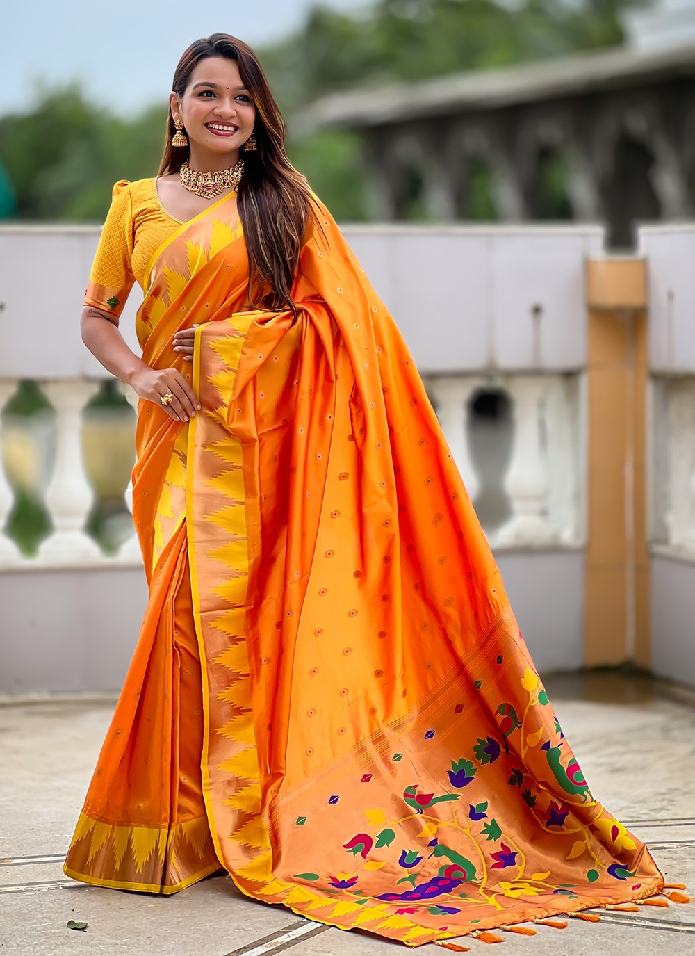 Orange Silk Trendy Saree Jacquard Work, Meenakari S18360