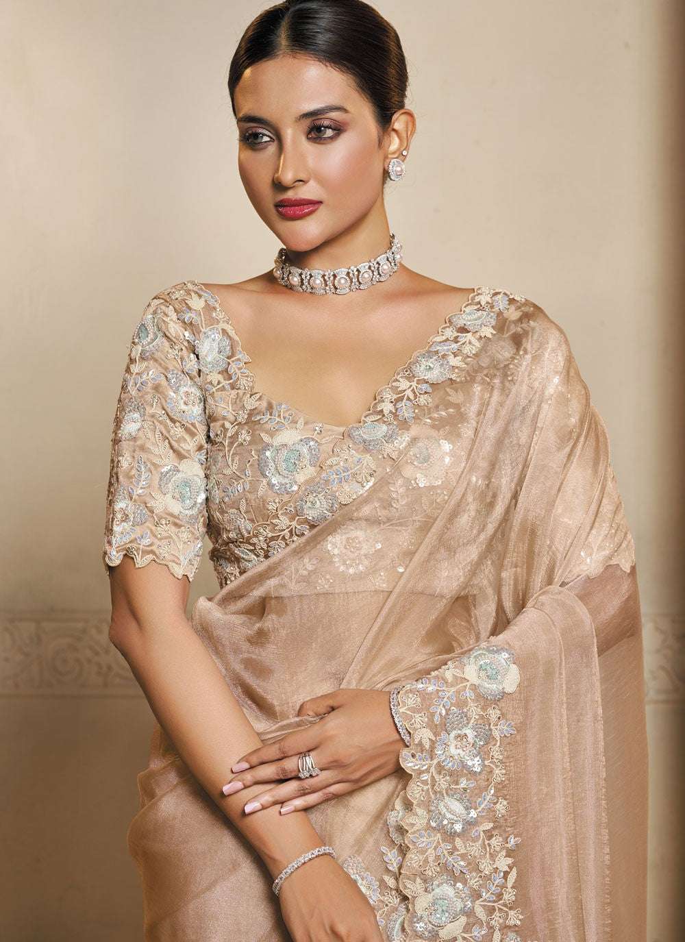 Beige Organza Contemporary Saree Embroidered, Sequins S20448