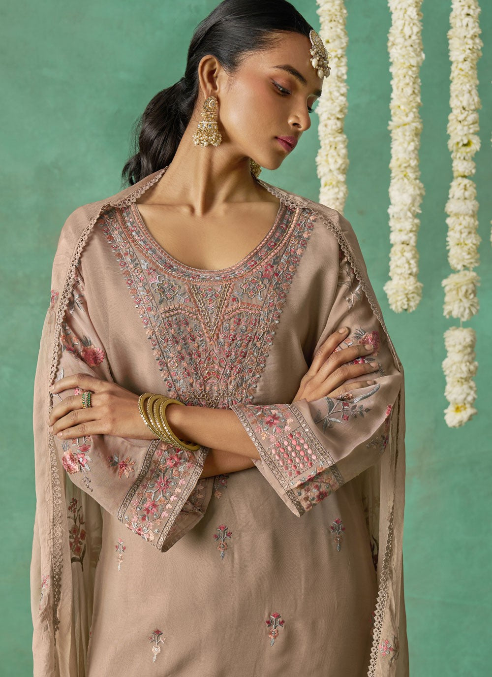 Salwar Suit Embroidered Beige Organza T5777