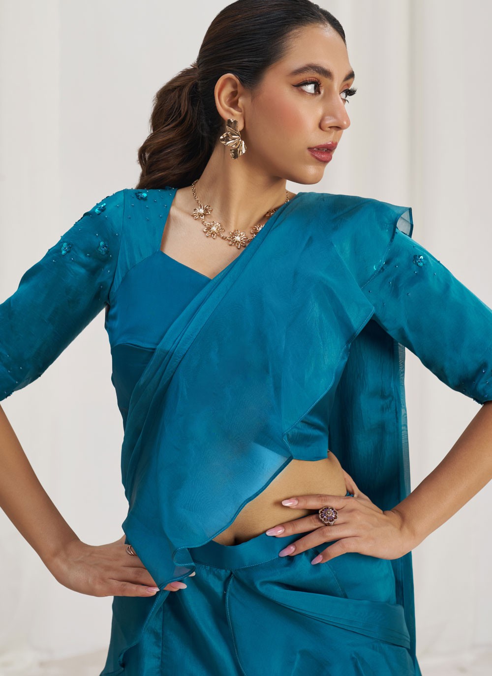 Plain Organza Blue Saree S14583