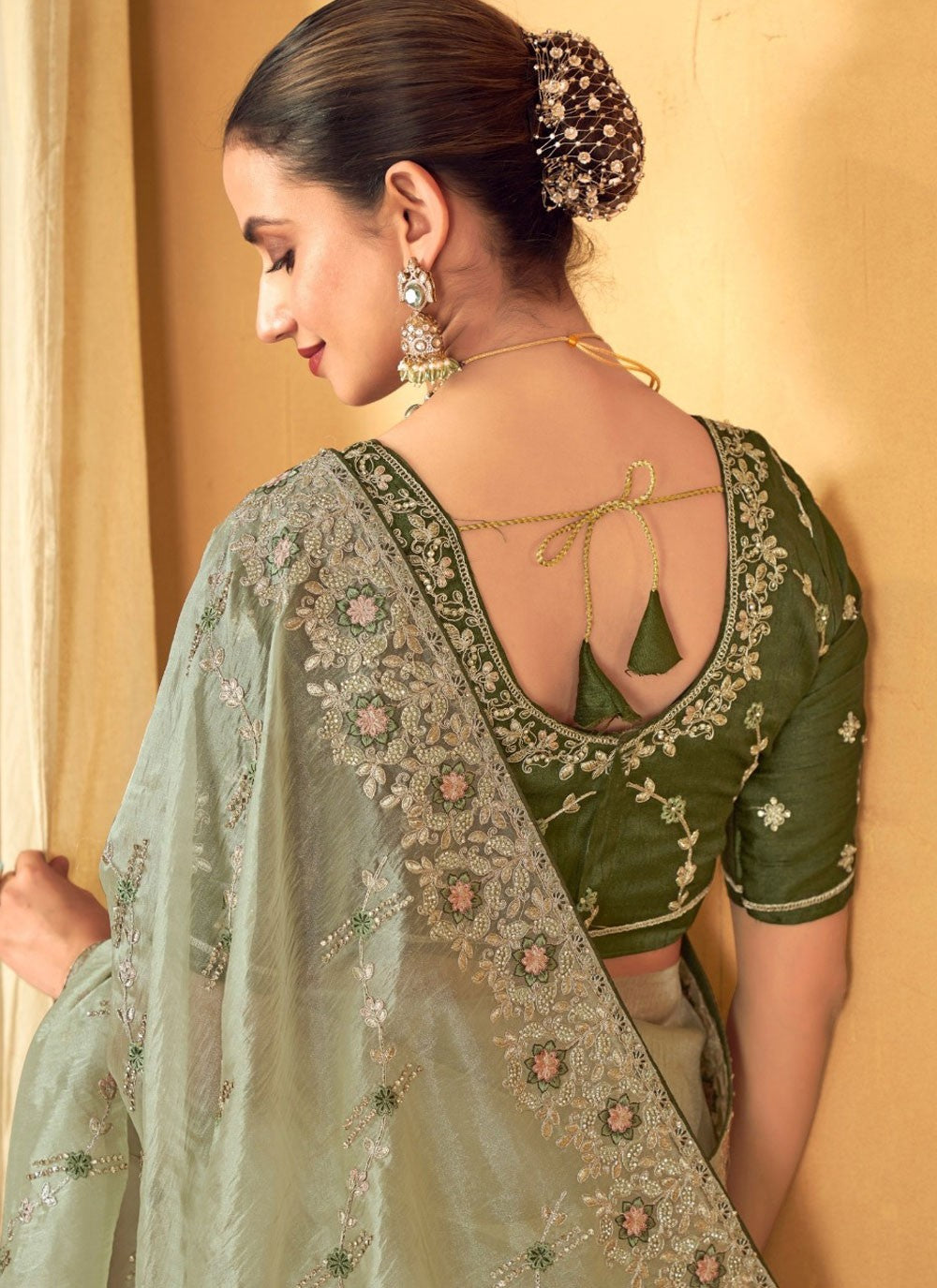Border Work Organza Sea Green Classic Saree S14946