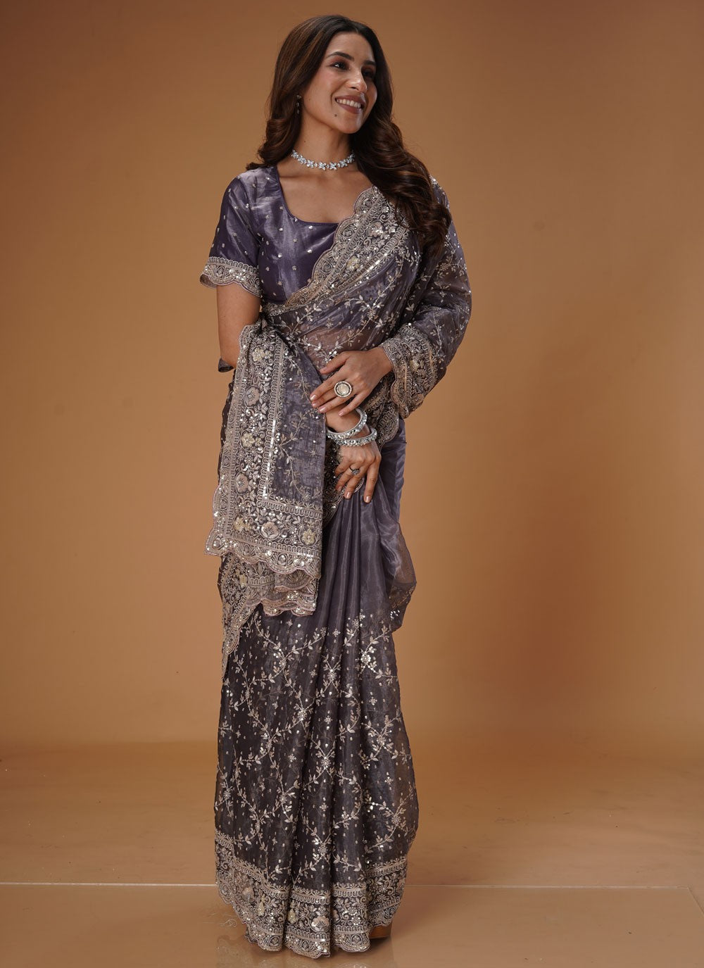 Embroidered Organza Grey Classic Saree S15484