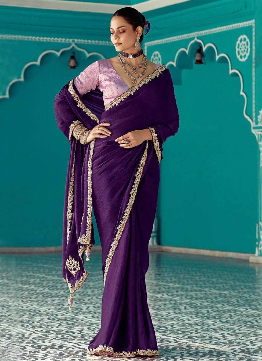 Contemporary Cut Work Purple Organza Saree S13272