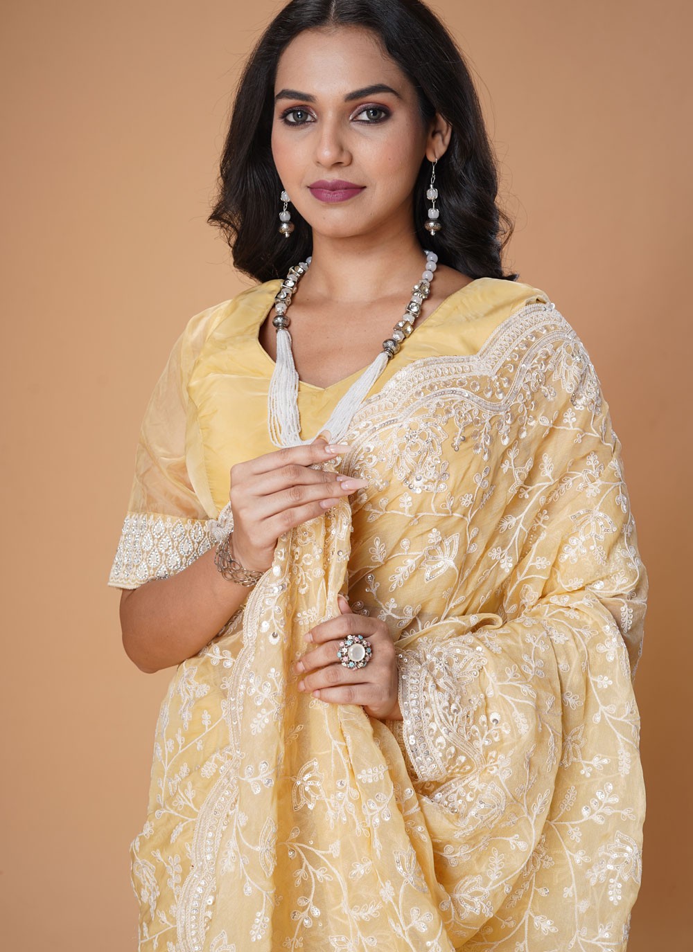 Cut Work Organza Yellow Traditional Saree S15488