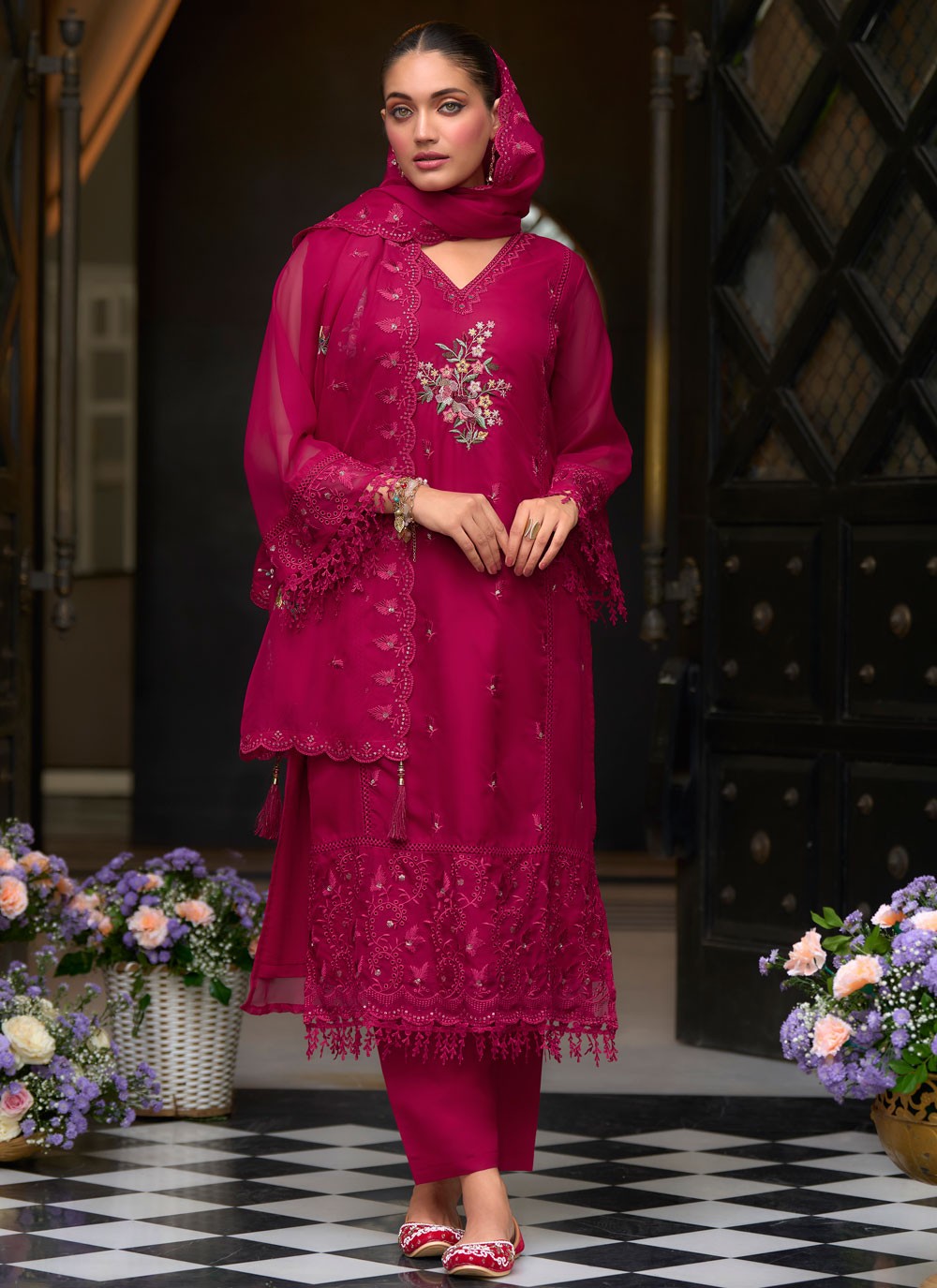 Salwar Suit Embroidered Hot Pink Organza T5485