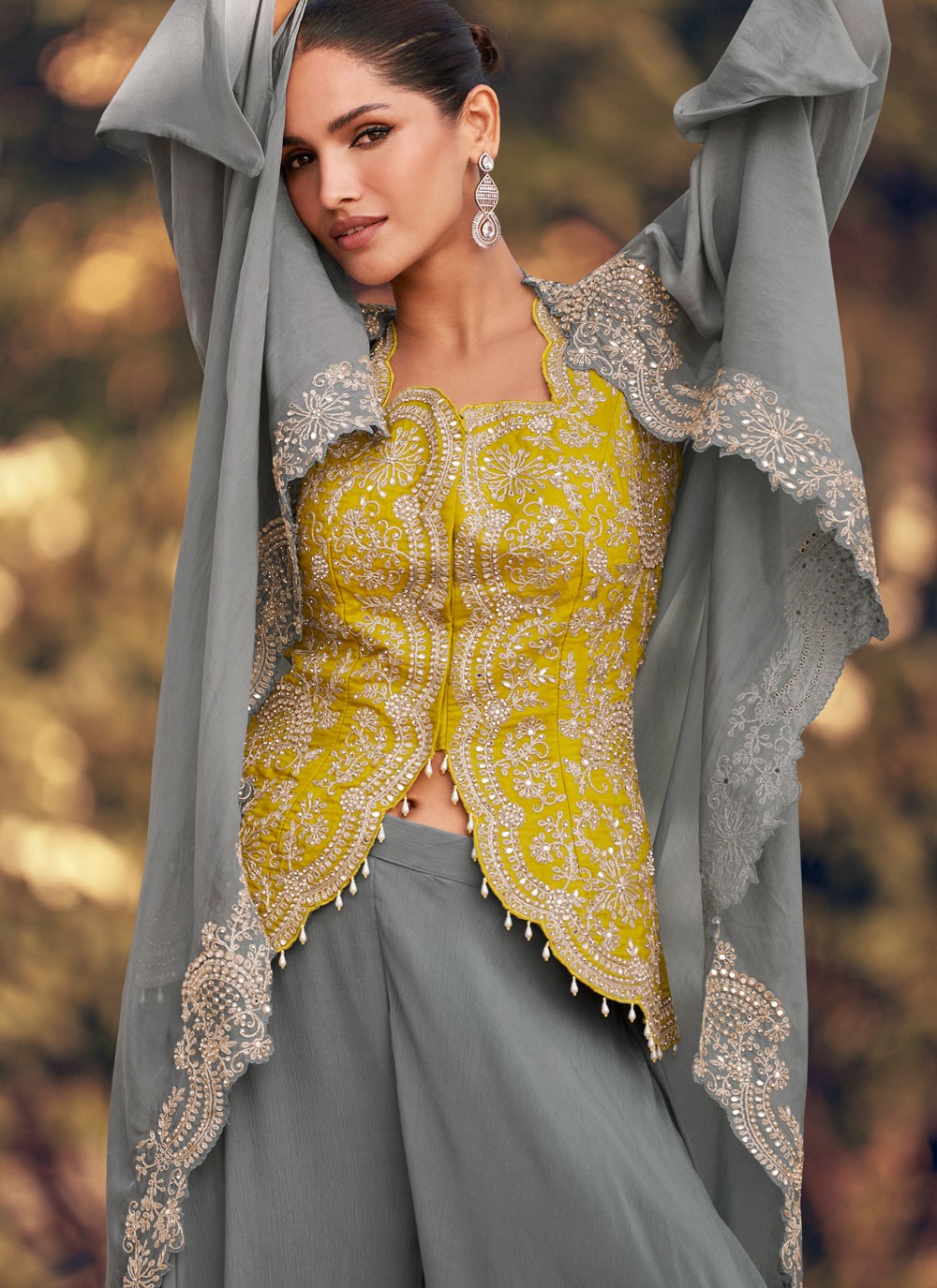 Palazzo Suit Embroidered, Stones, Zari Grey T7974
