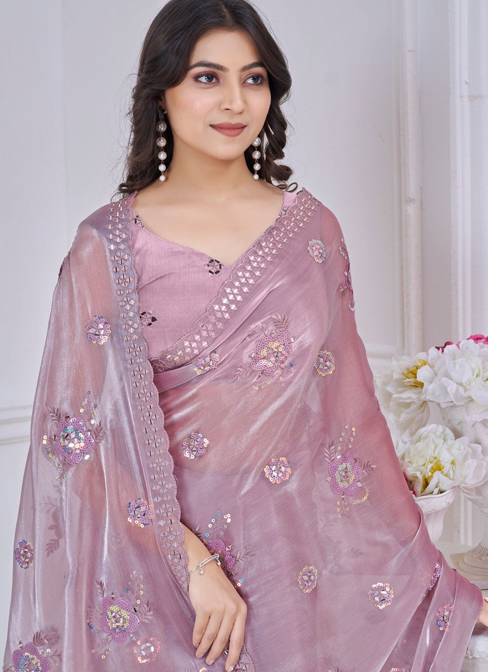 Embroidered Organza Lavender Trendy Saree S15234