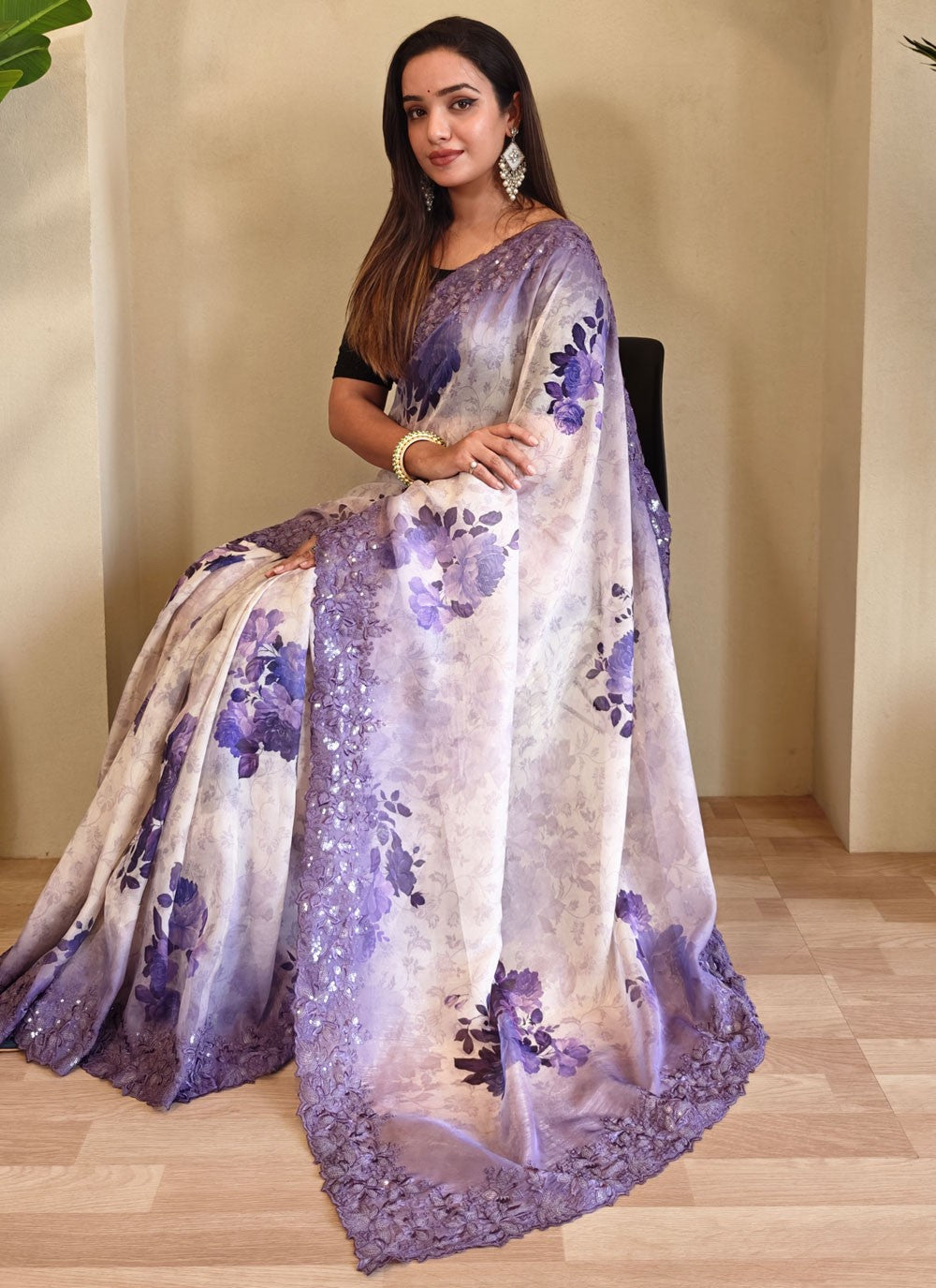 Lavender Organza Traditional Saree Cut Work, Embroidered, Printed, Sequins S15732