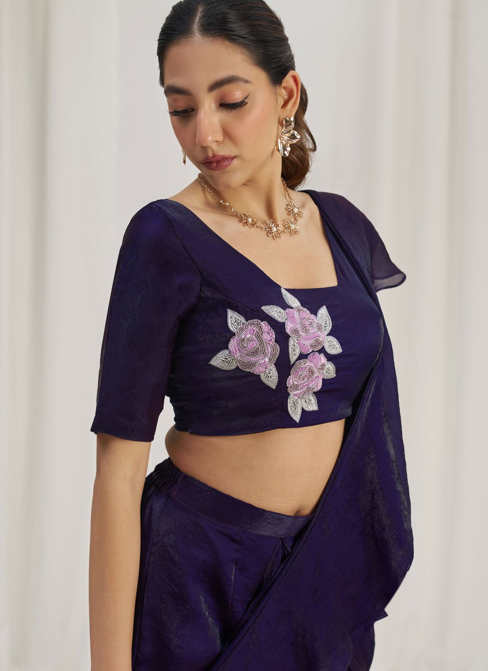 Plain Organza Purple Saree S14580