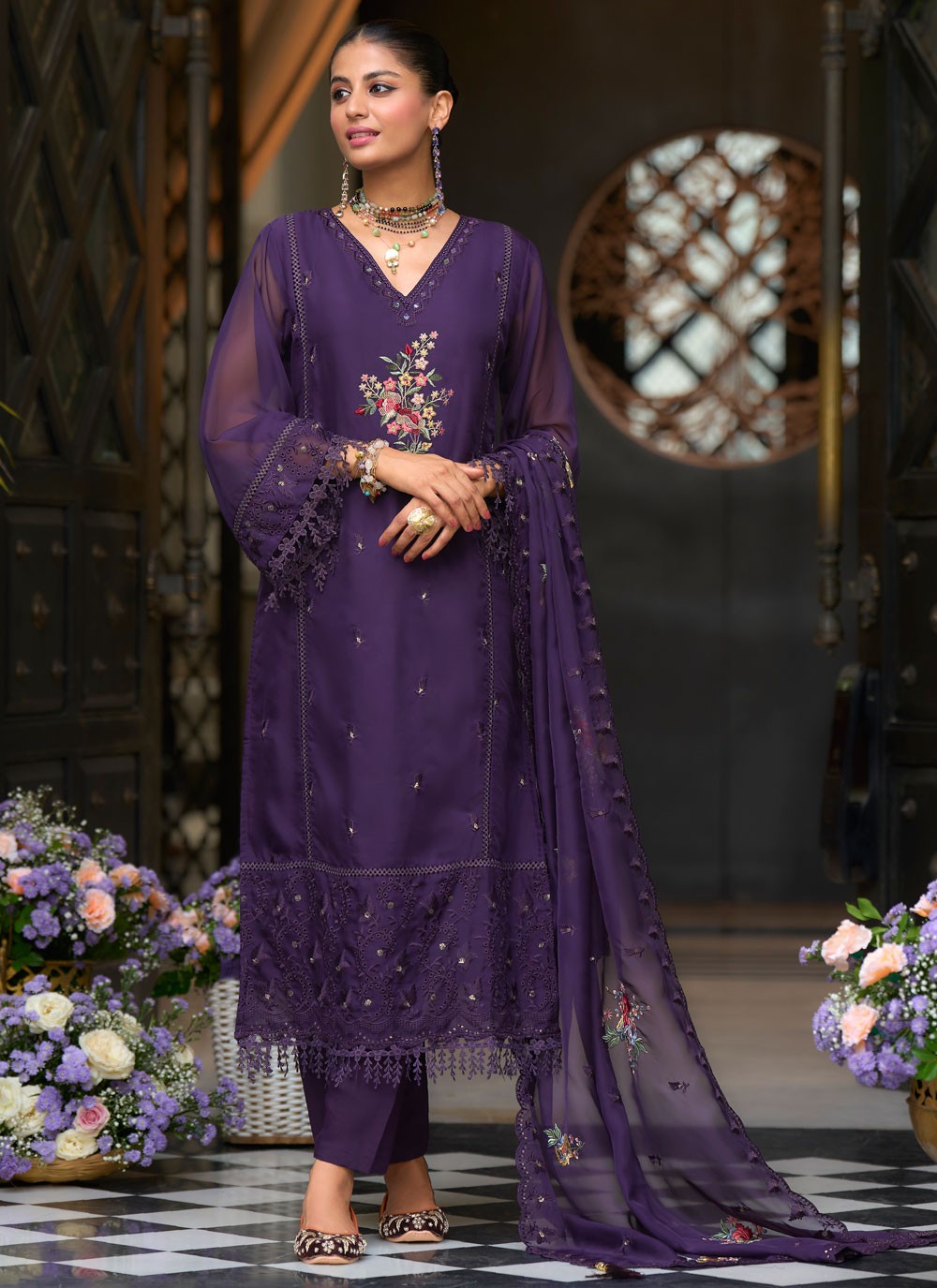 Salwar Suit Embroidered Purple Organza T5484