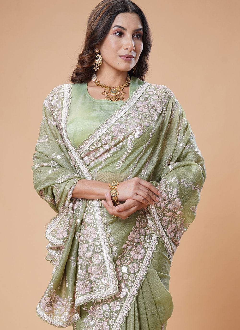 Cut Work Organza Green Trendy Saree S15486