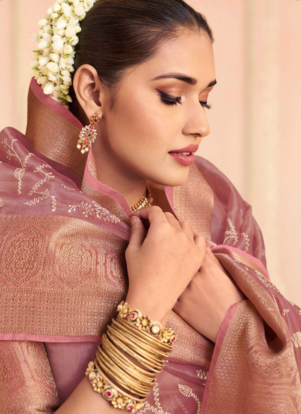 Classic Saree Floral Printed Pink, Purple Organza Saree S12668