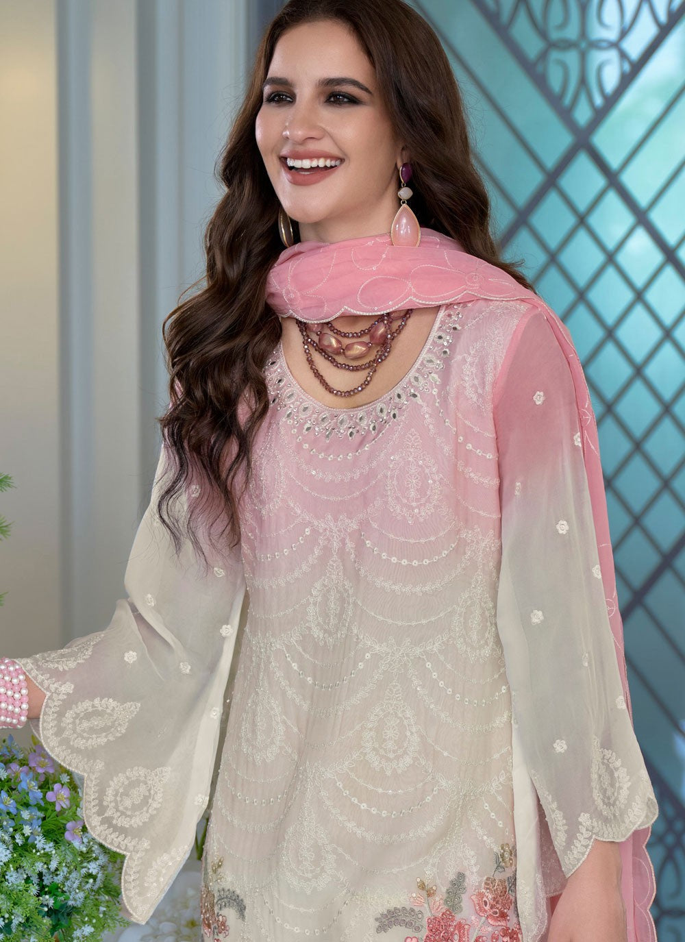 Pant Style Suit Sequins, Thread Pink T7802
