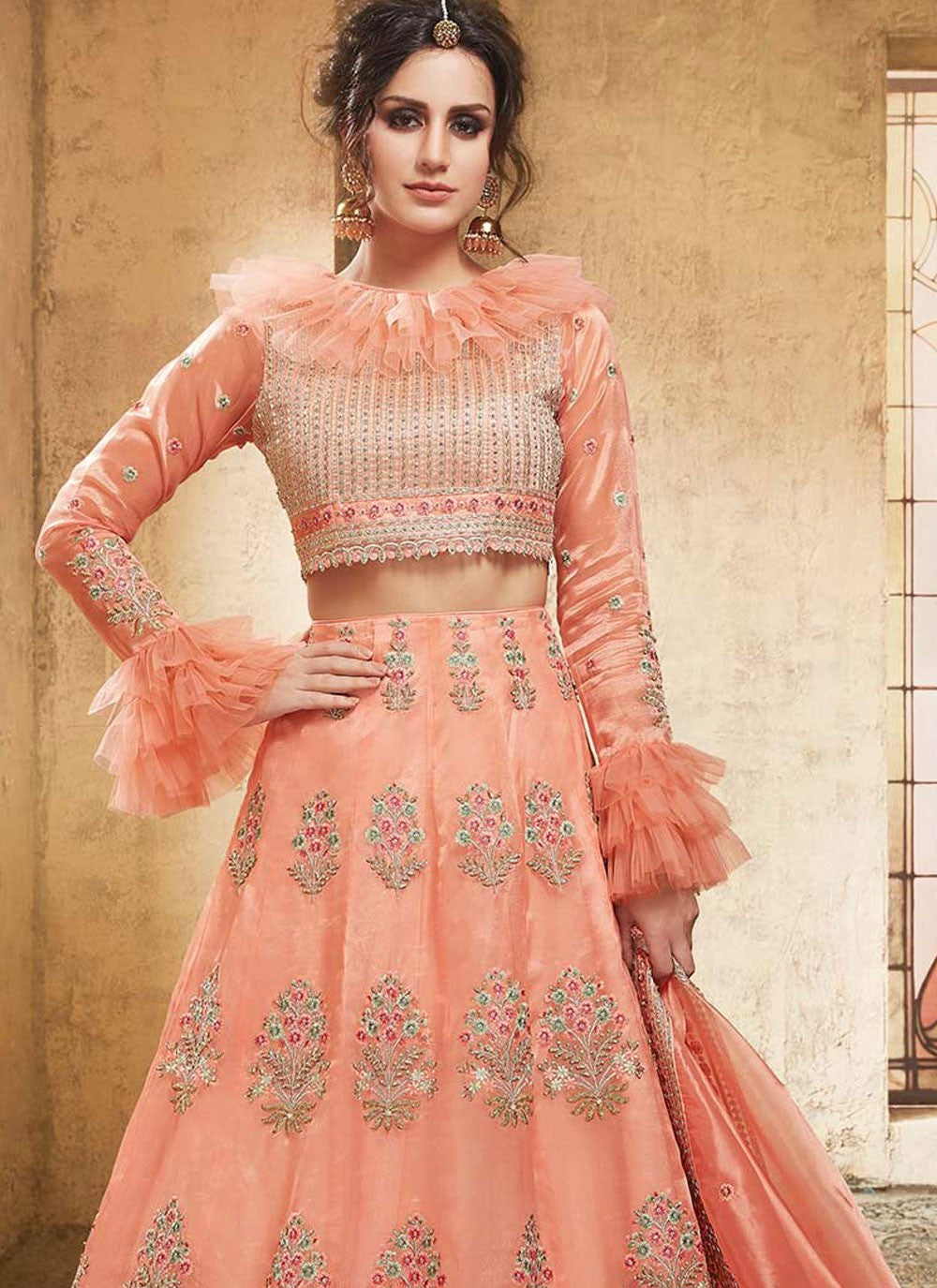 Embroidered Organza Peach Lehenga Choli L3751