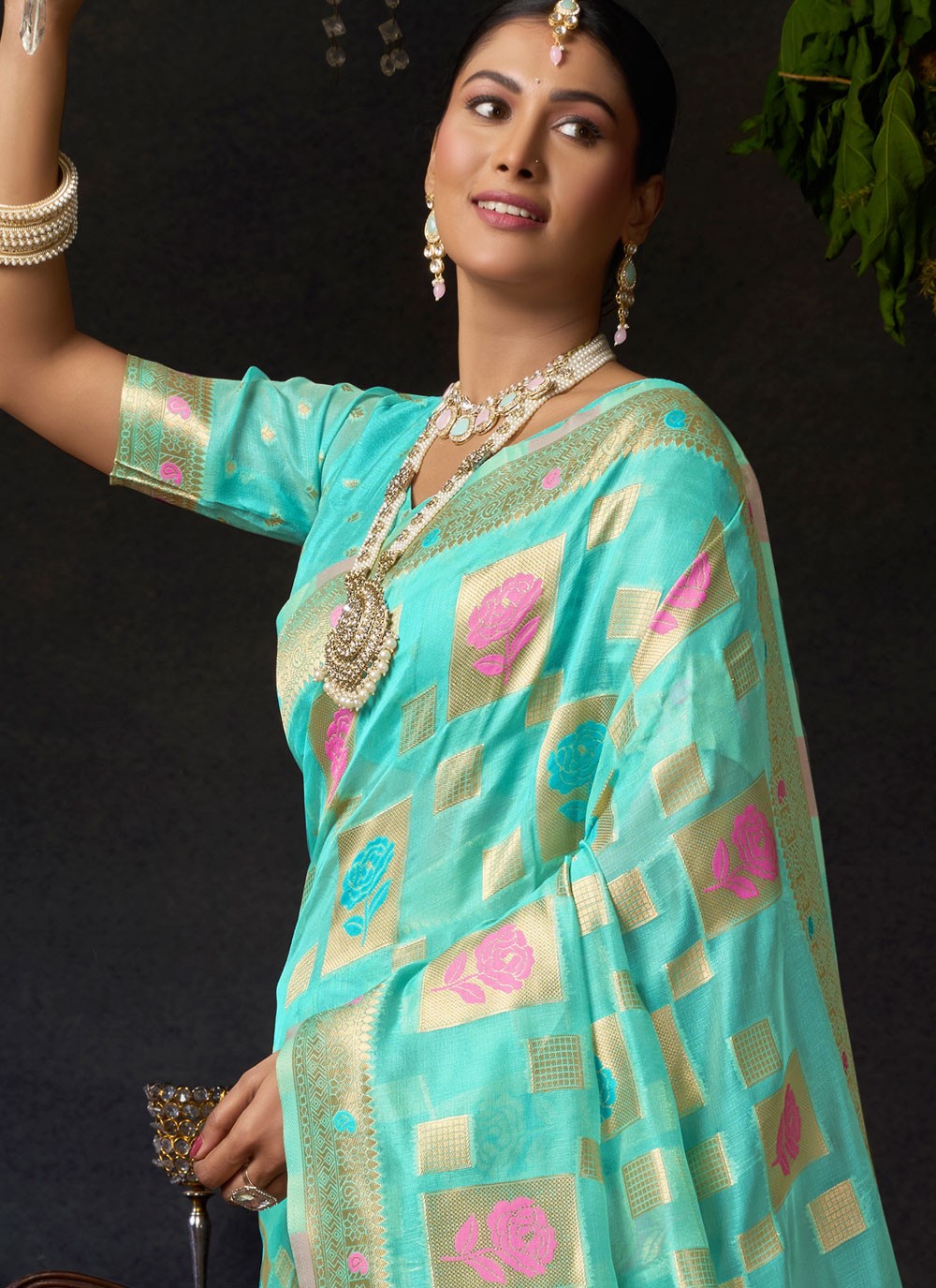 Sea Green Organza Traditional Saree Weaving Zari S19566