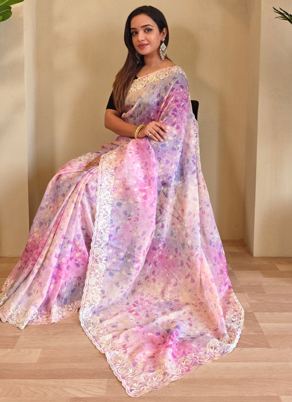 Multi Colour Organza Classic Saree Cut Work, Embroidered, Printed, Sequins S15729