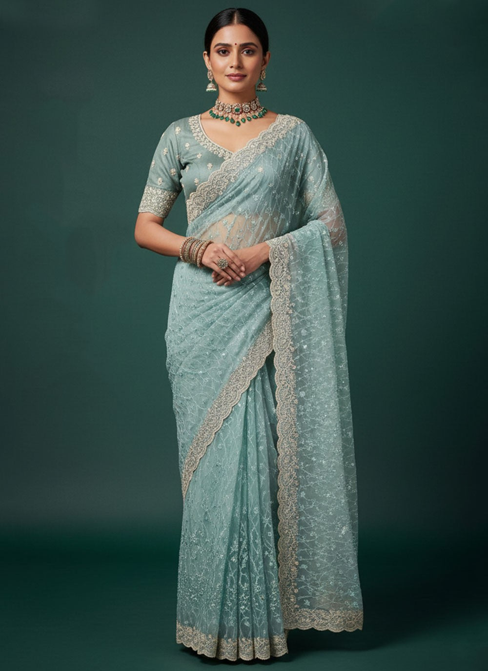 Aqua Blue Organza Trendy Saree Embroidered, Sequins S20246