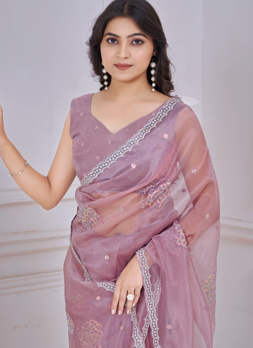 Sequins Organza Lavender Trendy Saree S15054