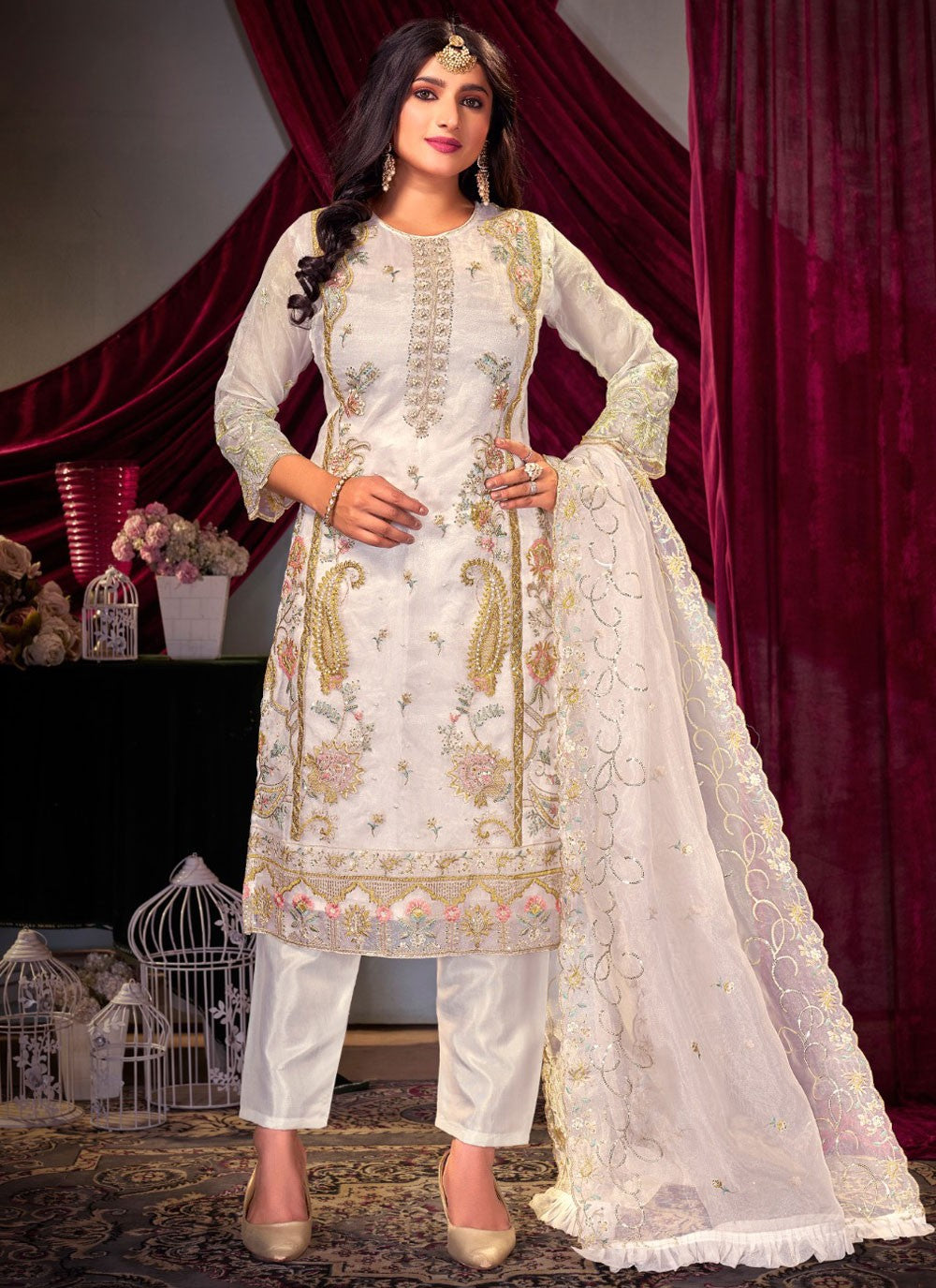 Embroidered Organza White Pant Style Suit T5948
