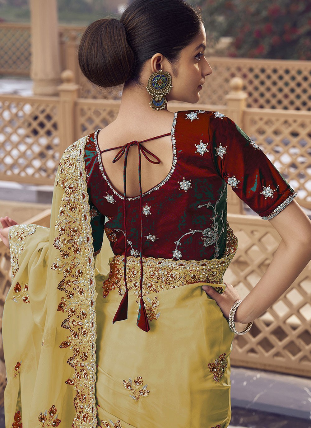 Yellow Organza Traditional Saree Cord, Cut Work, Embroidered, Hand Embroidery, Zari S17022