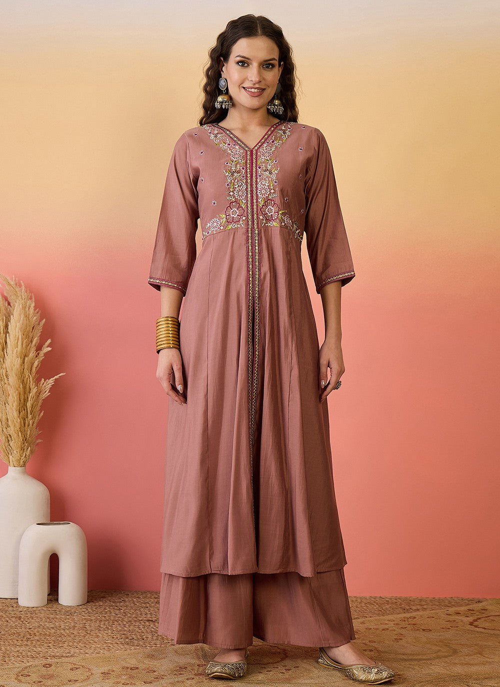 Palazzo Suit Embroidered Brown T6981