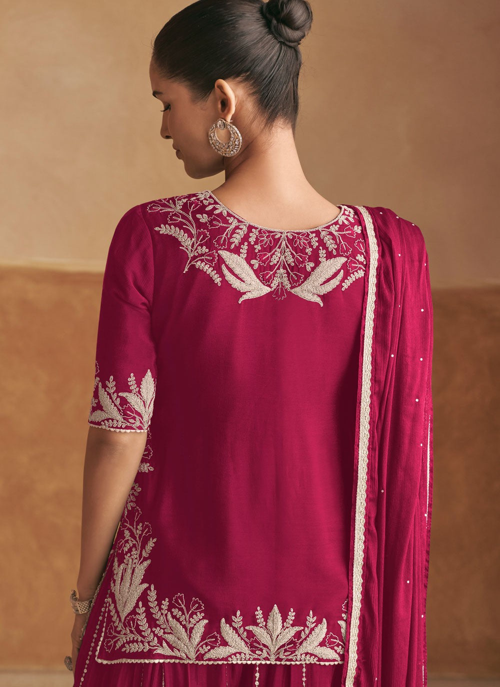 Palazzo Suit Embroidered Hot Pink, Maroon Chinon T5431