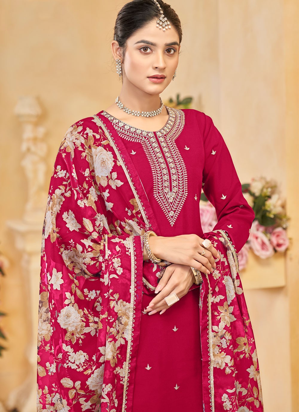 Embroidered Silk Hot Pink Palazzo Suit T6004