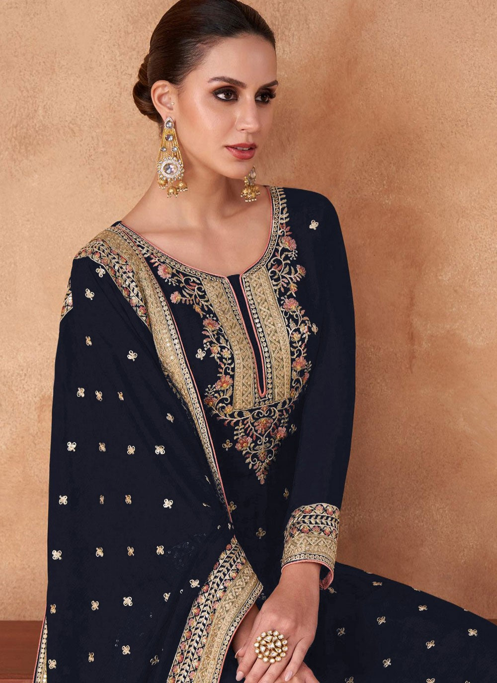 Palazzo Suit Embroidered Navy Blue Georgette T5128
