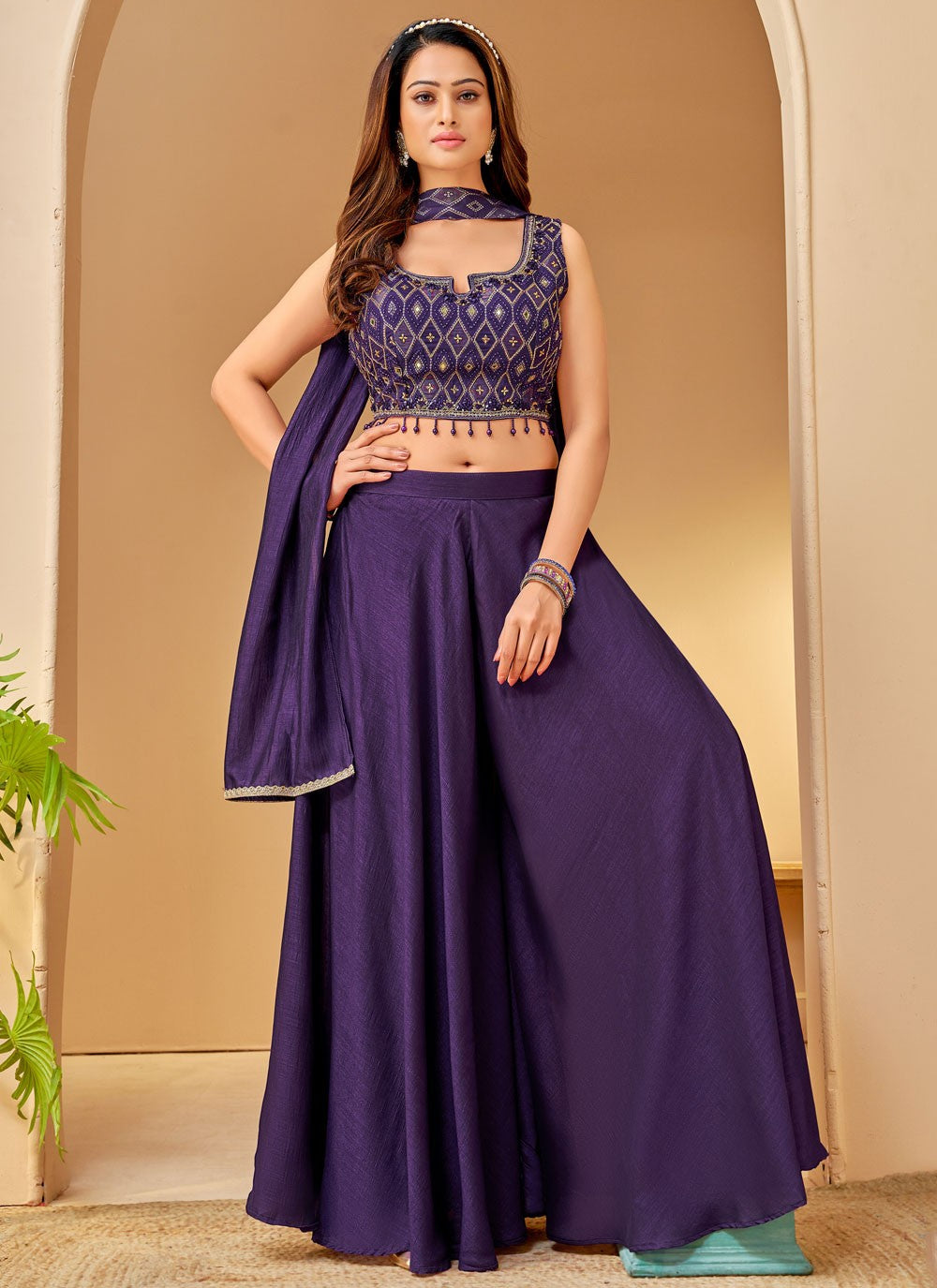 Palazzo Suit Embroidered Purple T7430