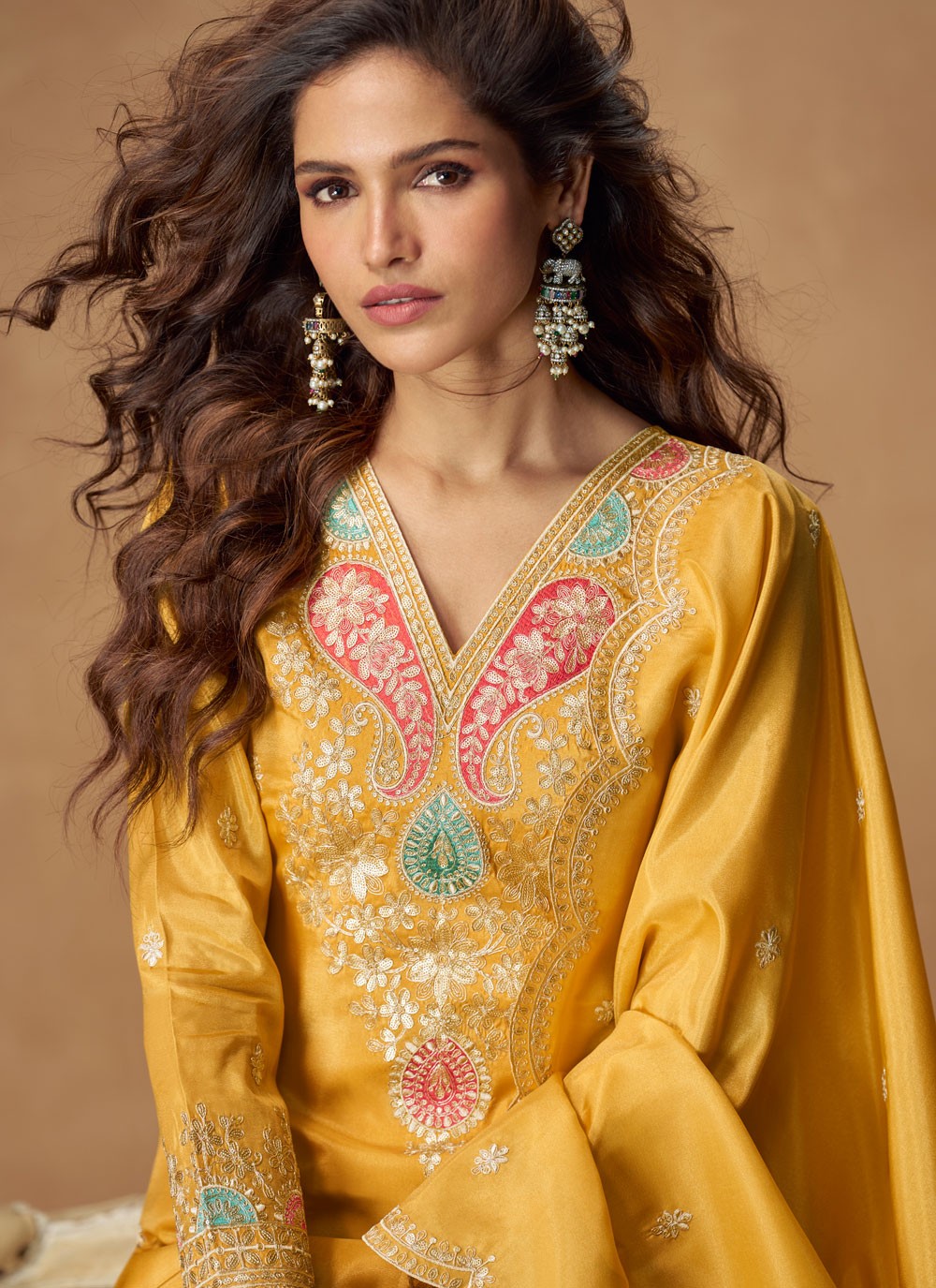 Palazzo Suit Embroidered, Zari Yellow T7879