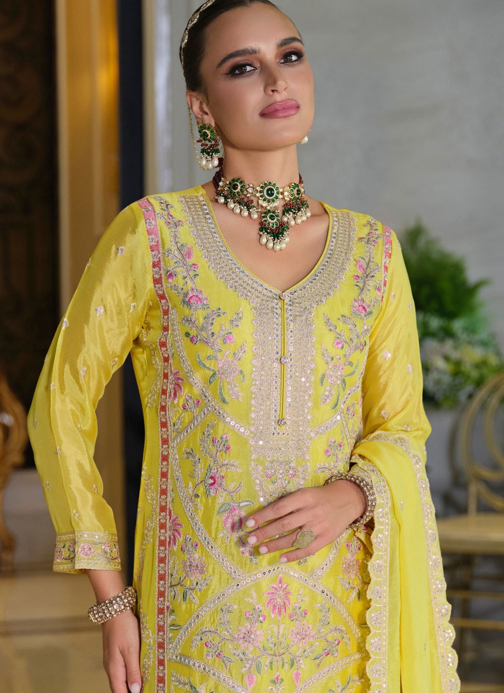 Palazzo Suit Embroidered, Resham Yellow T7837