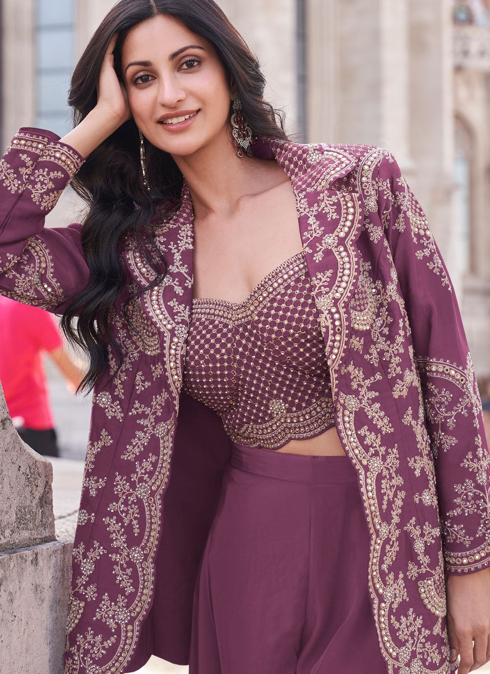 Palazzo Suit Embroidered Mauve Silk T5368