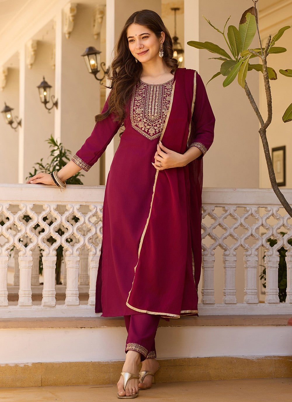 Pant Style Suit Embroidered Maroon T6992