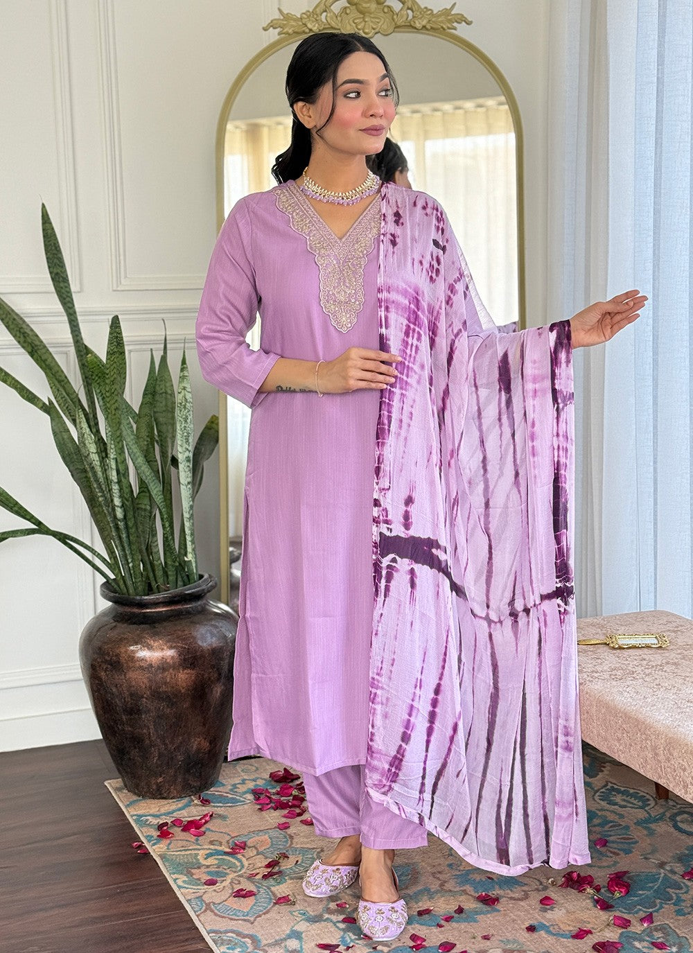 Pant Style Suit Embroidered Lavender Viscose T5810