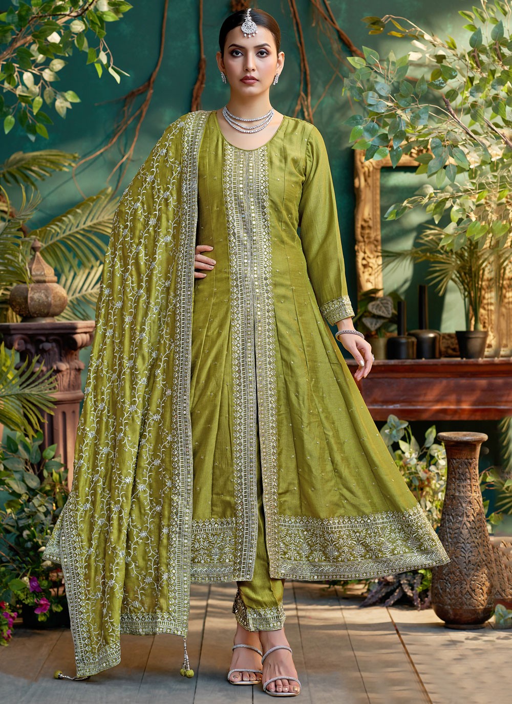 Pant Style Suit Embroidered, Zari Green T8116