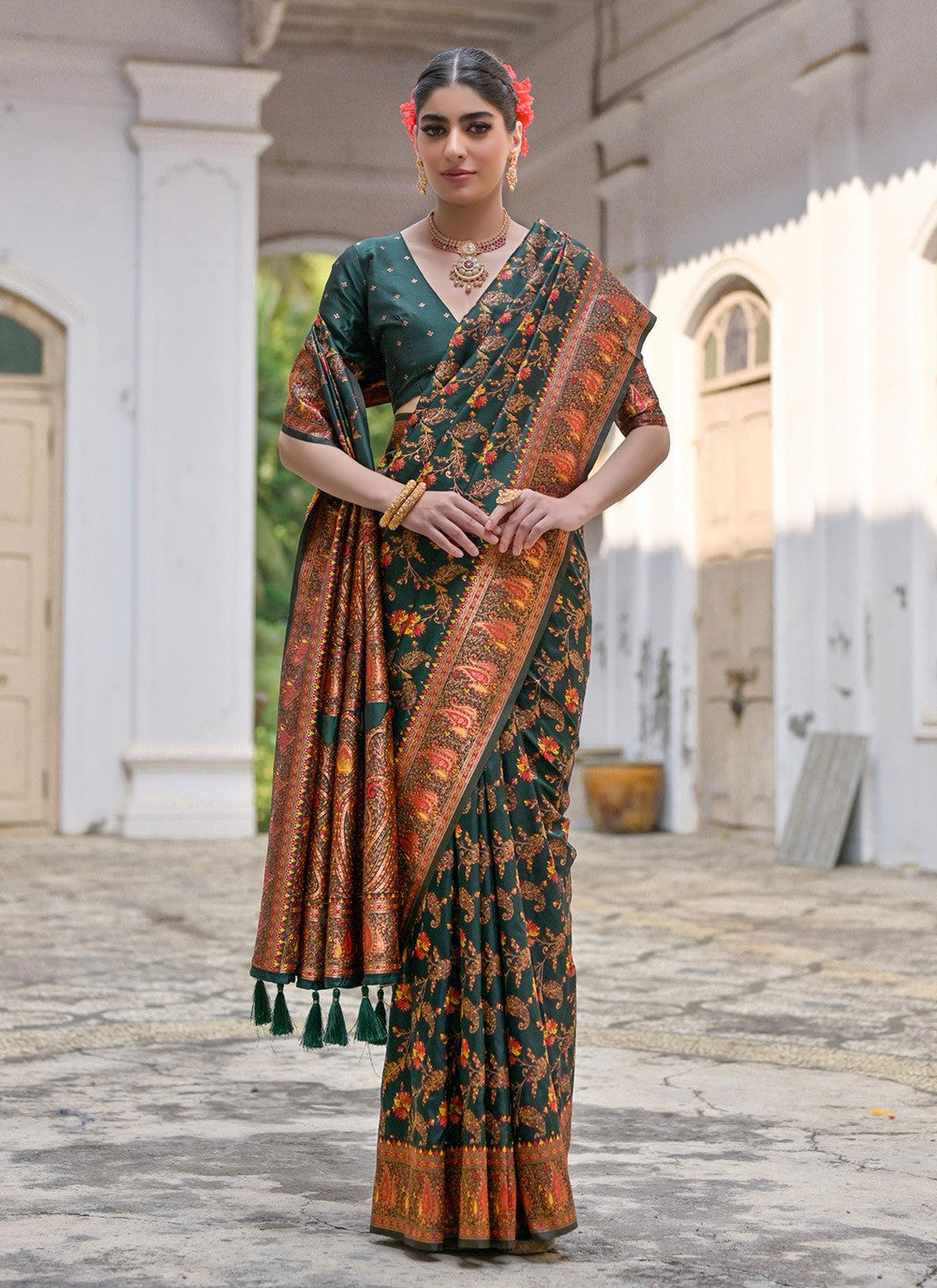 Printed Pashmina Silk Rama Saree S14075