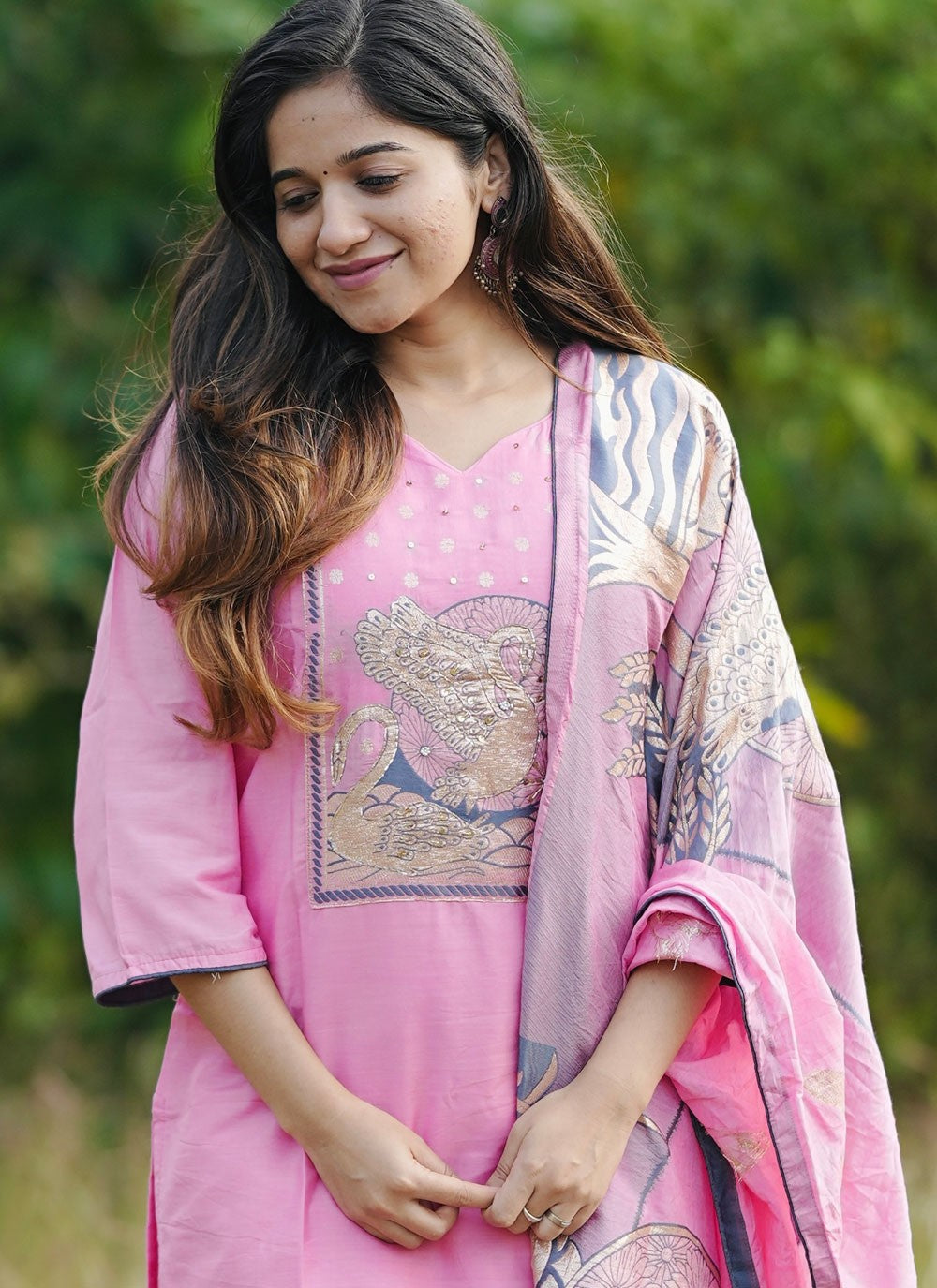 Salwar Suit Digital Print Pink Chanderi Silk T5253