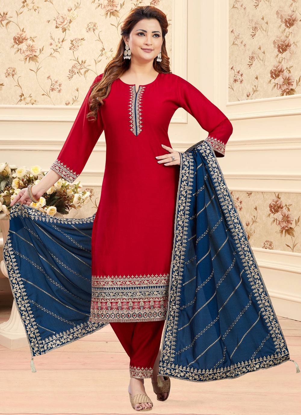 Patiala Suit Embroidered Hot Pink, Pink Silk T5589