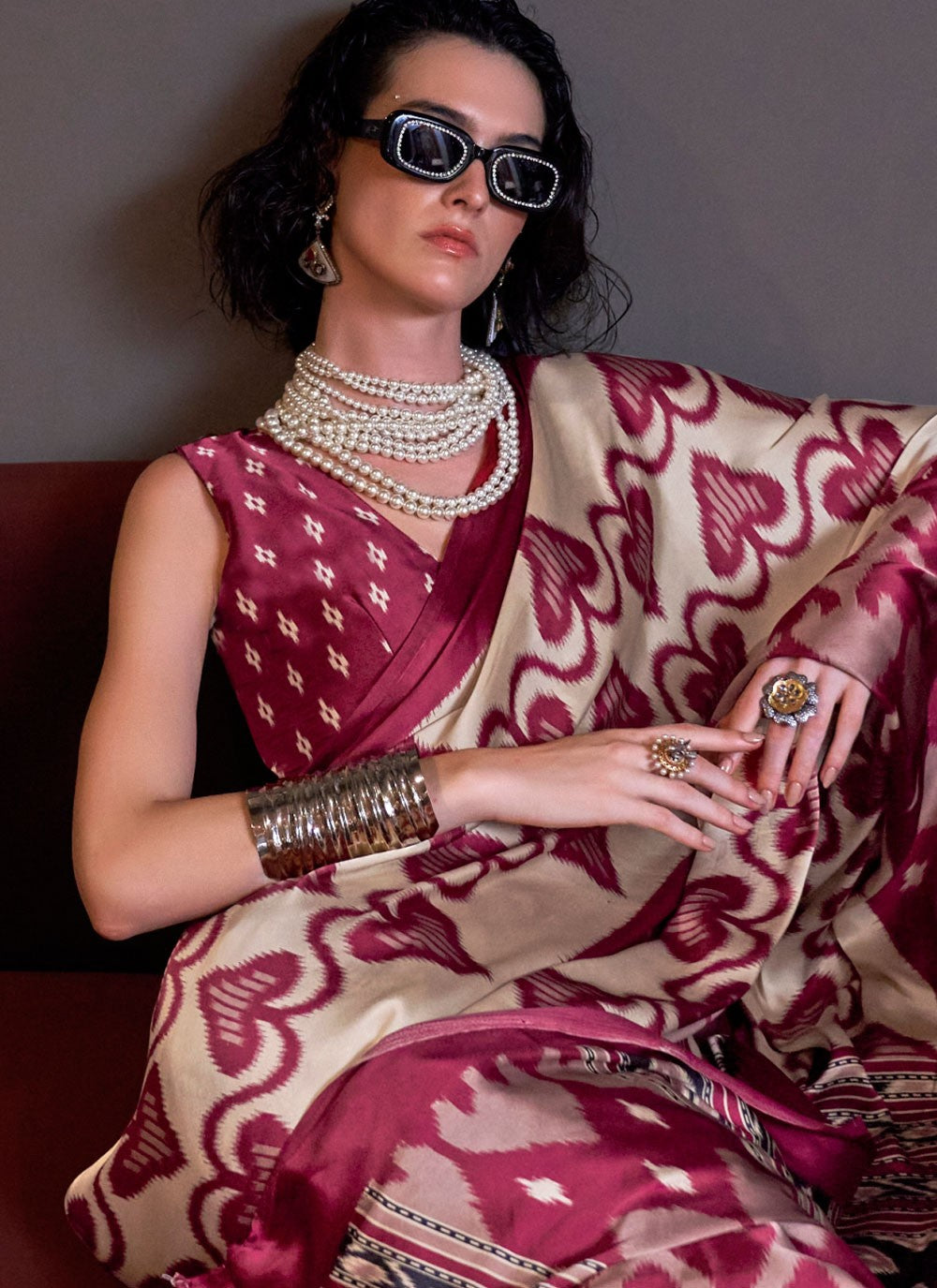 Trendy Saree Patola Print Cream, Wine Pure Crepe S12869