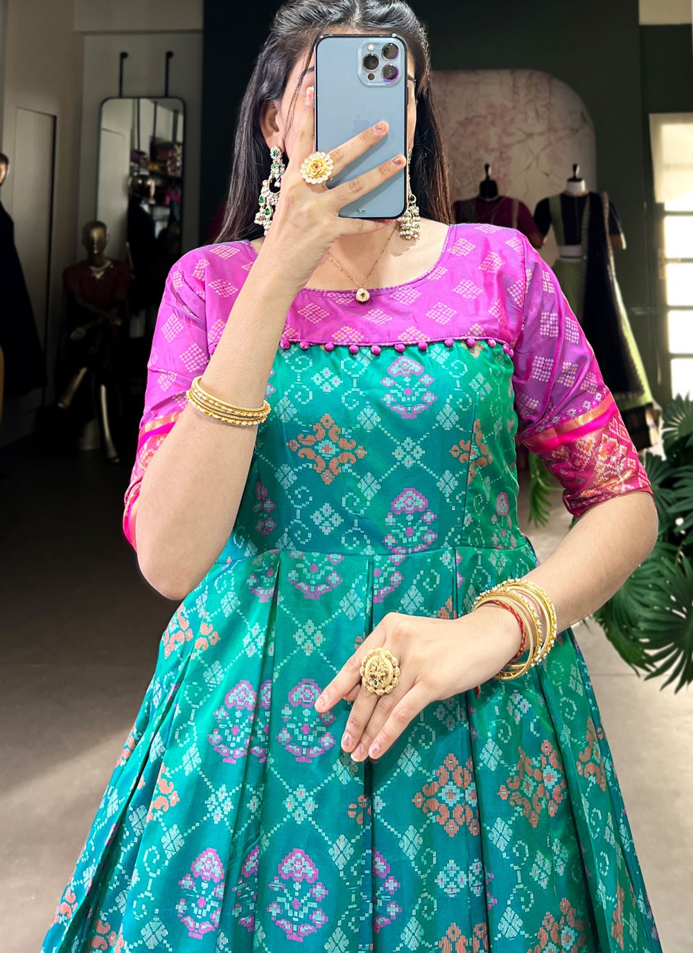 Patola Print Jacquard Silk Firozi Gown G1955