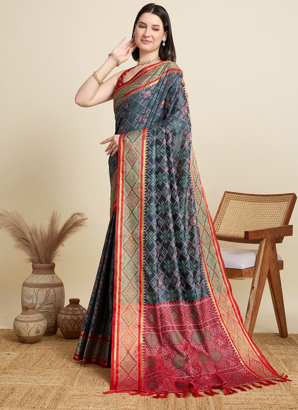 Black Patola Silk Trendy Saree Meenakari S15939