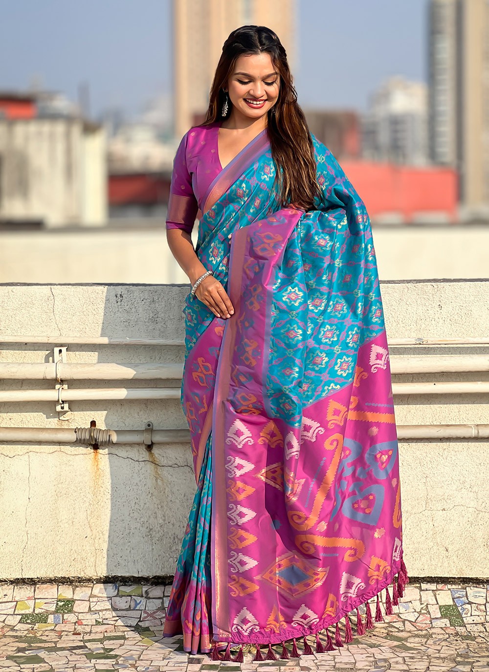 Contemporary Meenakari Teal Patola Silk Saree S13547