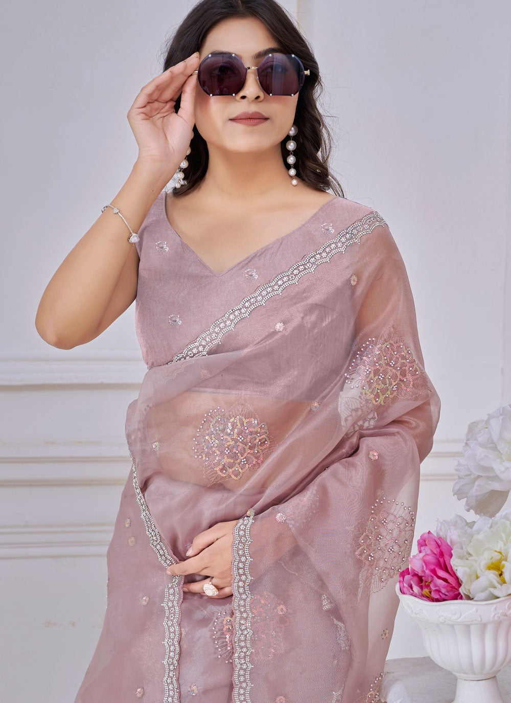 Sequins Organza Peach Designer Saree S15052