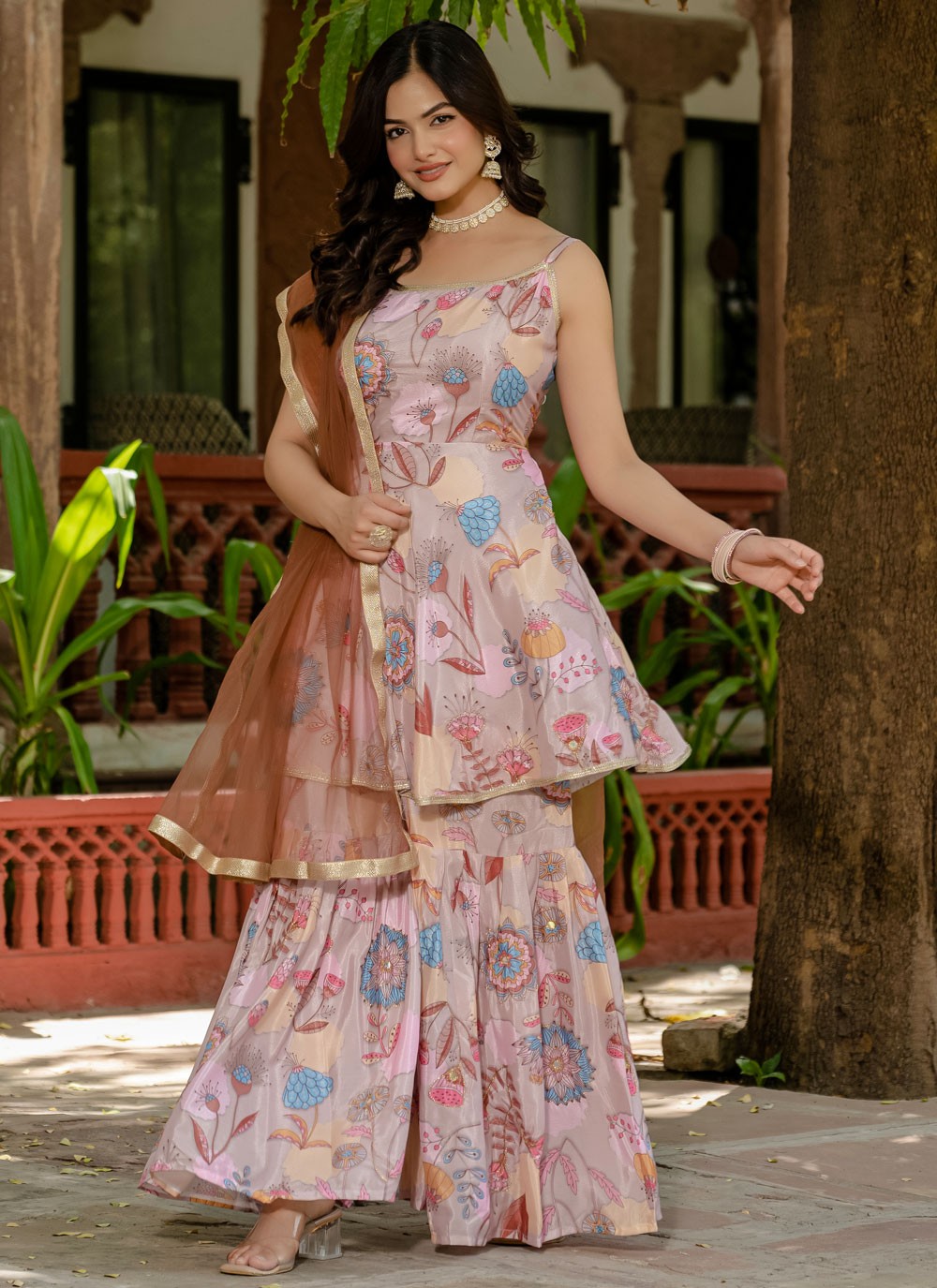 Sharara Suit Floral Printed, Lace Peach T7696