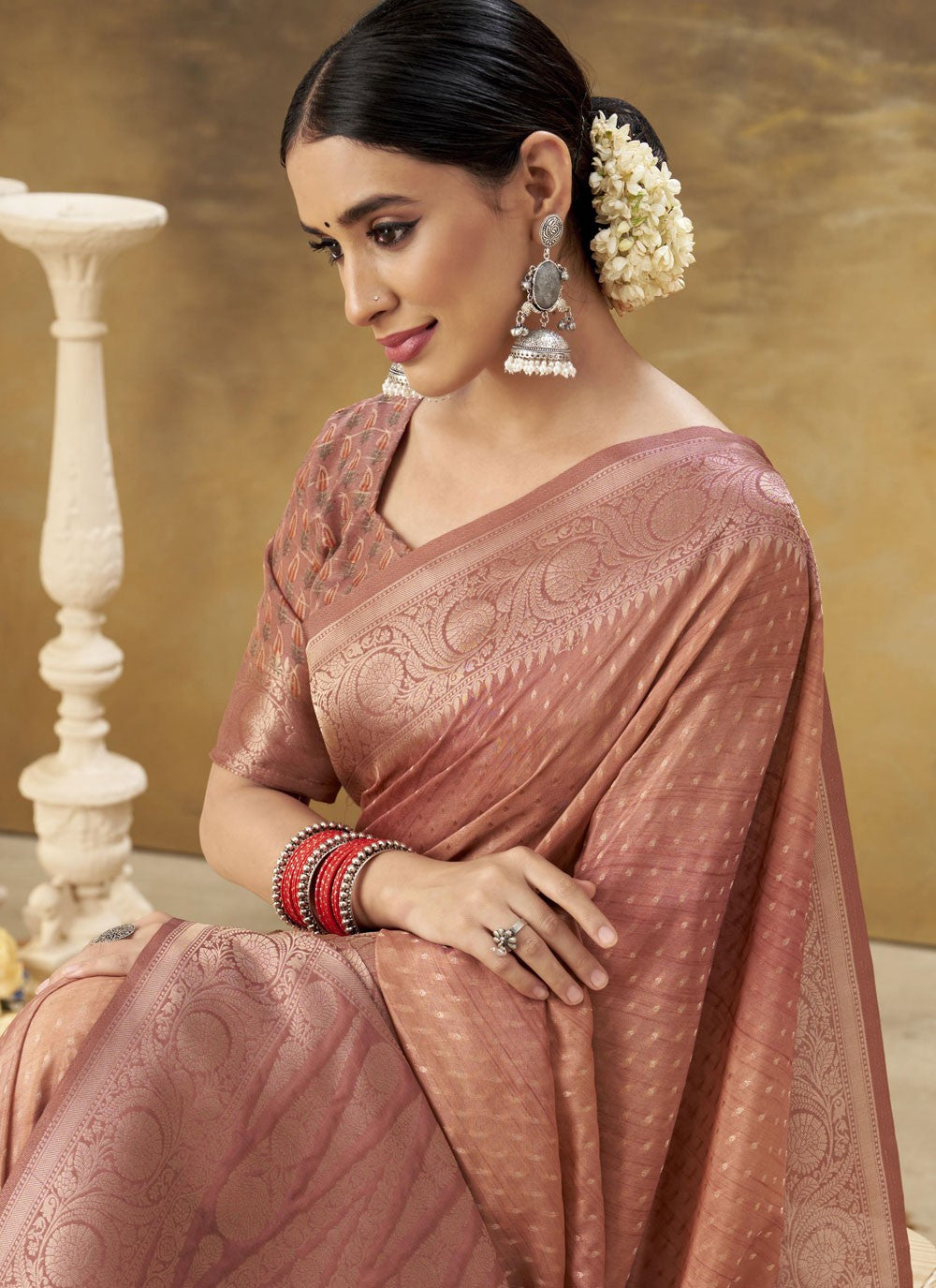 Trendy Saree Weaving Zari Peach, Rust Silk Saree S13316