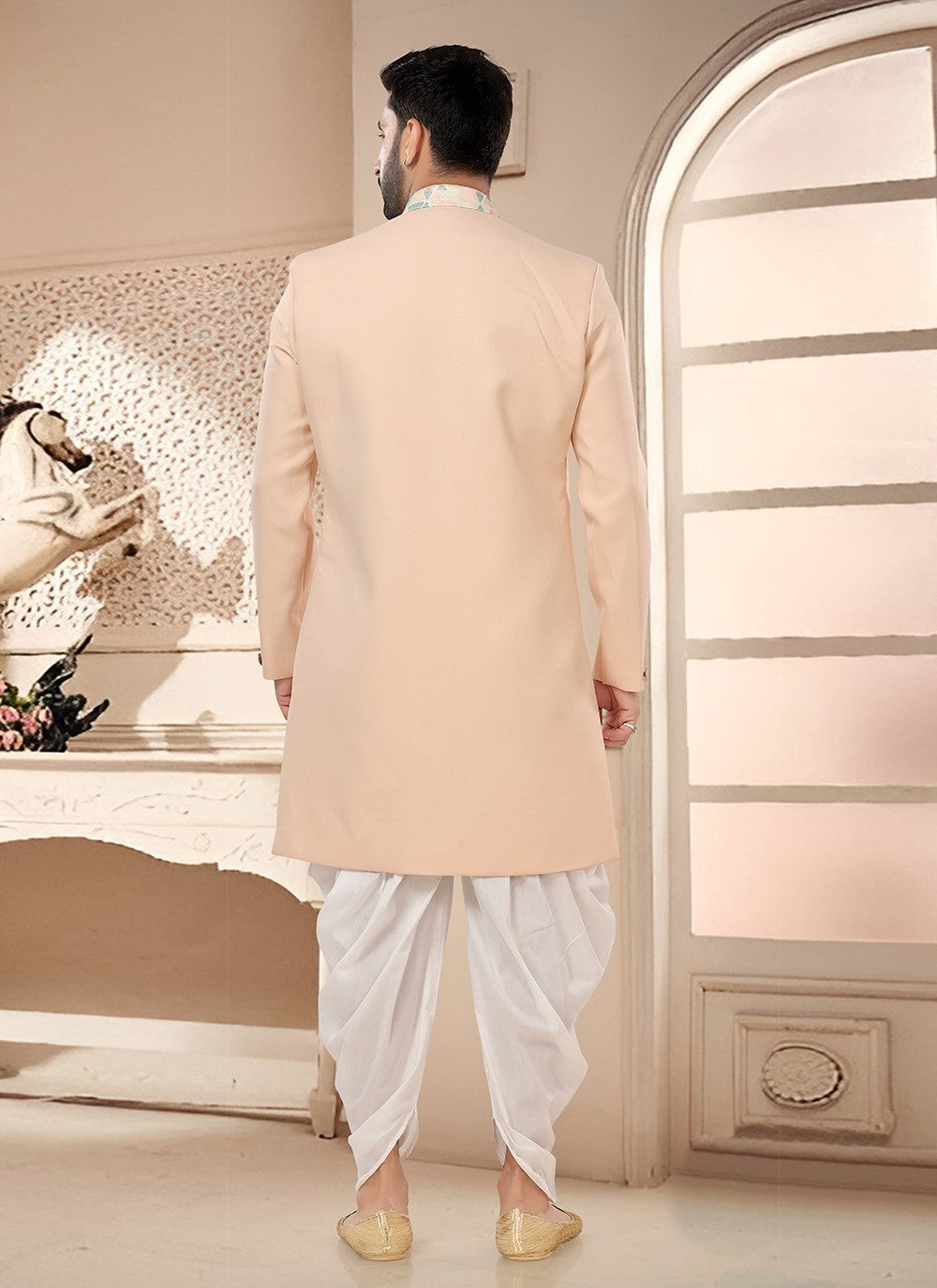 Buttons Art Silk Peach Sherwani - M7584