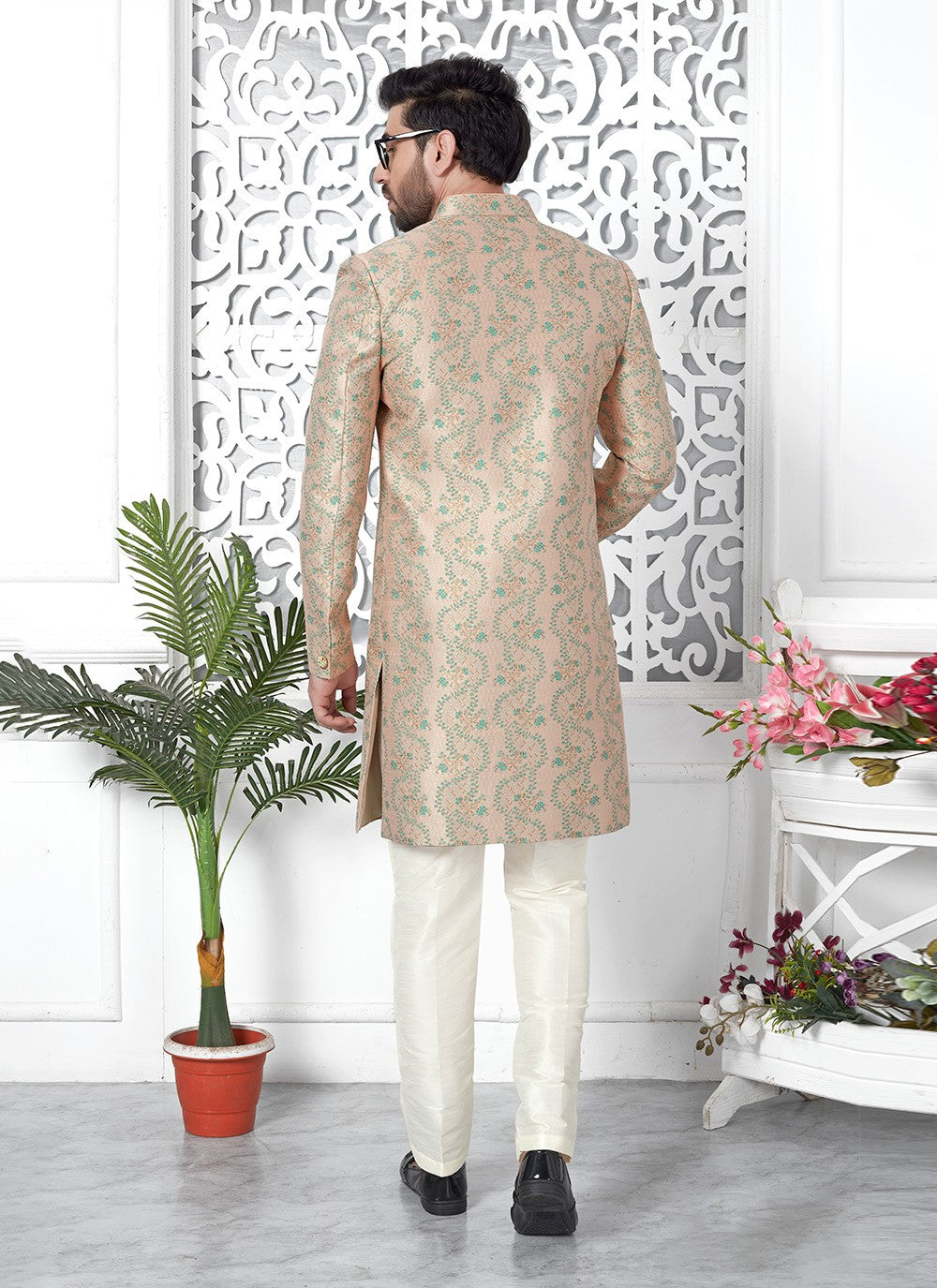Fancy Work Jacquard Silk Peach Indo Western - M6630